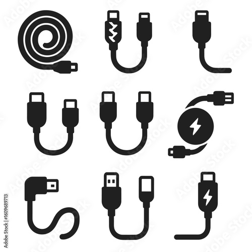 Charging Cable Icons. Solid style icons of charging cables and wires: coiled cable, braided cable, lightning cable, USB-C wire,