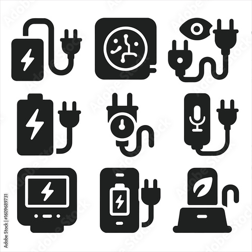 Smart Energy Devices Icons. Solid style icons of smart energy charging devices: adaptive charger, AI power hub, smart detection
