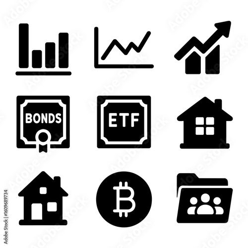 Investment Tools Icons. Solid style icons of investment tools: bar chart, line graph, stock market arrow, bonds icon, ETF symbol,