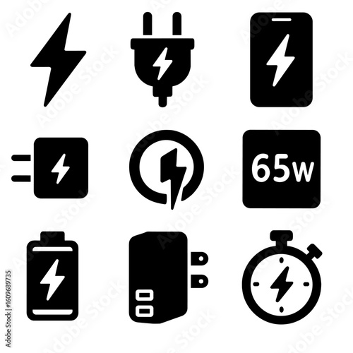 Fast Charging Icons. Solid style icons of fast charging technologies: lightning bolt icon, fast charge plug, phone with flash icon