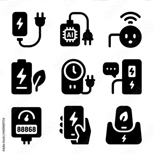 Smart Energy Devices Icons. Solid style icons of smart energy charging devices: adaptive charger, AI power hub, smart detection