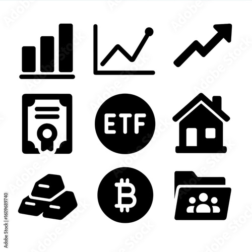 Investment Tools Icons. Solid style icons of investment tools: bar chart, line graph, stock market arrow, bonds icon, ETF symbol,