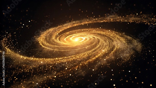 A swirling vortex of golden dust particles forming a luminous spiral galaxy against a dark cosmic background.