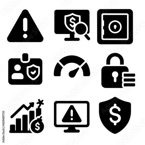 Financial Security Icons. Solid style icons of financial risk and security: caution icon, fraud alert, locked safe, ID