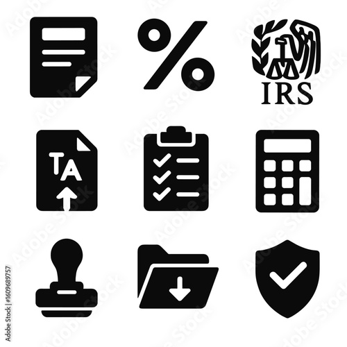 Tax Compliance Icons. Solid style icons of taxation and compliance: tax form, percentage symbol, IRS icon, tax return file, audit
