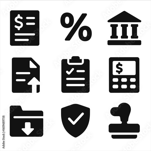 Tax Compliance Icons. Solid style icons of taxation and compliance: tax form, percentage symbol, IRS icon, tax return file, audit