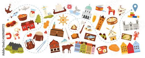 Travel to Scandinavia, Northern European culture elements and landmarks on route of journey. Traditional bryggen houses, food and winter sports, fjords and viking ship cartoon vector illustration