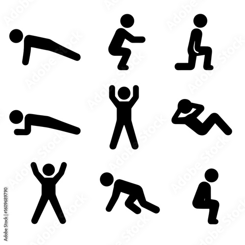 Bodyweight Exercise Icons. Solid style icons of bodyweight exercises: push-up position, squat pose, lunges icon, plank figure,