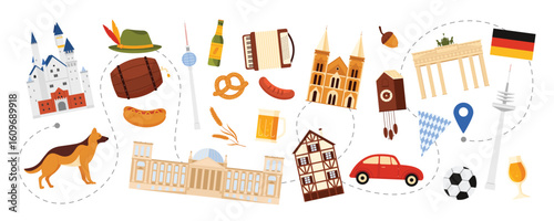Travel to Germany, German culture elements and landmarks, Oktoberfest food and beer on tourist route. Brandenburg Gate ad Reichstag, Berlin TV Tower and traditional house cartoon vector illustration
