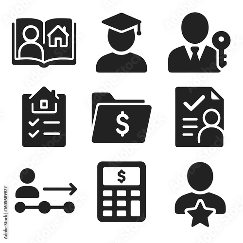 Buyer Support Icons. Solid style icons of buyer support and guidance: first-time buyer guide, buyer education icon, agent with key