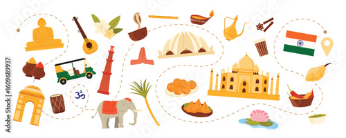 Travel to India, Indian culture elements and famous landmarks, animal and food with hot spice on tour around country. Lotus Temple and Taj Mahal, Namaste and Sitar cartoon vector illustration
