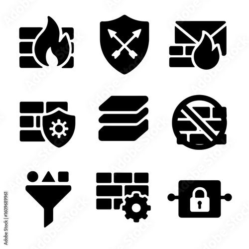 Firewall Security Icons. Solid style icons of firewalls and filters: brick wall with flame, shield with arrows, email firewall,
