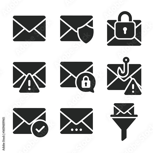 Email Security Icons. Solid style icons of email security basics: closed envelope, envelope with shield, email with padlock, email