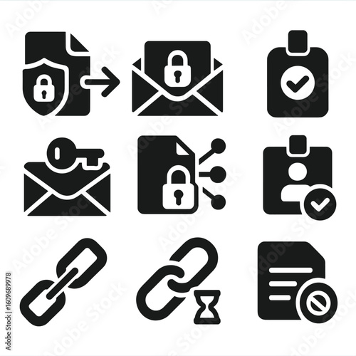 Secure Sharing Icons. Solid style icons of secure sharing and access: encrypted file send, shared inbox with lock, locked download