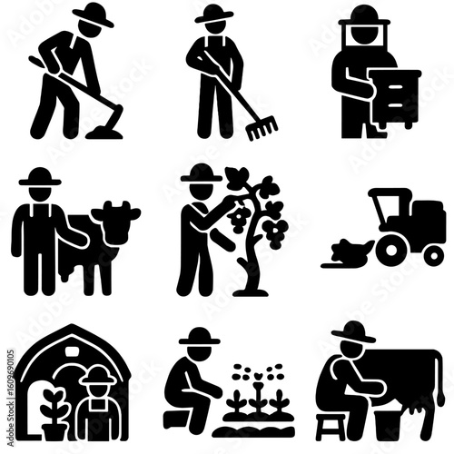 Agriculture Icon Collection. Solid style icons of agriculture and farming work: farmer with hoe, gardener with rake, beekeeper