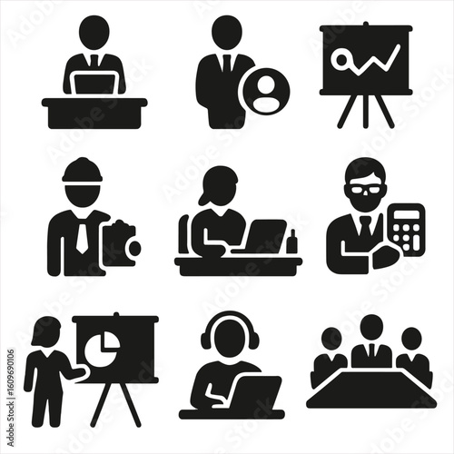 Office Role Icons. Solid style icons of office and business roles: manager at desk, HR representative, data analyst with chart,