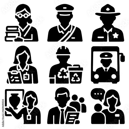 Icons of Public Service. Solid style icons of public service professionals: librarian with books, postal worker, park ranger,