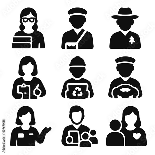 Icons of Public Service. Solid style icons of public service professionals: librarian with books, postal worker, park ranger,