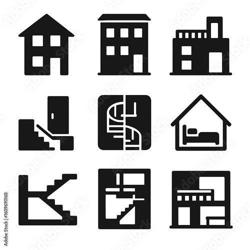 Multistory House Layouts. Solid style icons of multistory house layouts: two-story house, three-level townhouse, split entry,