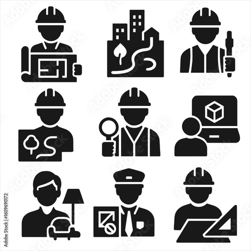 Urban Design Icons. Solid style icons of architecture and urban planning: architect with blueprint, urban planner icon, civil