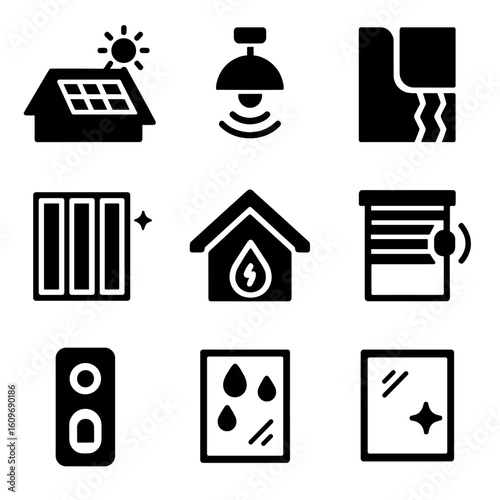 Smart Architecture Icons. Solid style icons of smart architecture elements: solar roof panel, motion sensor lights, insulated wall
