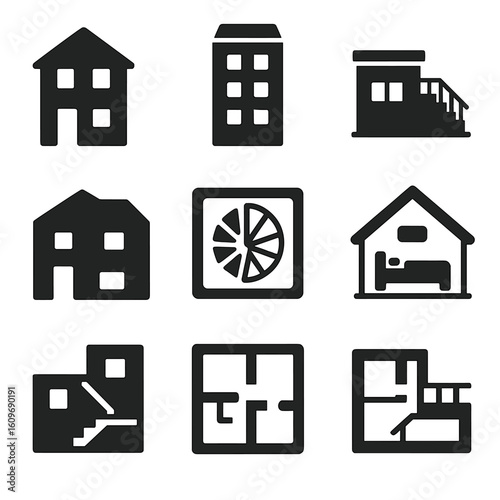 Multistory House Layouts. Solid style icons of multistory house layouts: two-story house, three-level townhouse, split entry,