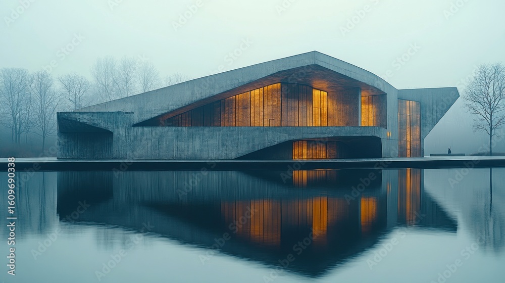 Fototapeta premium Modern concrete building with glowing windows reflected in water