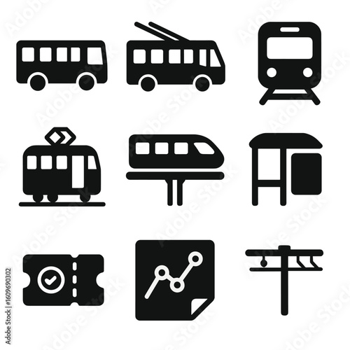 Urban Transit Icons. Solid style icons of urban public transport: city bus, trolleybus, metro train, tram car, elevated monorail,