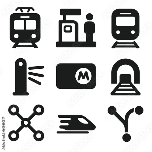 Metro Travel Icons. Solid style icons of metro and train travel: subway car, platform icon, train arriving, turnstile gate, metro