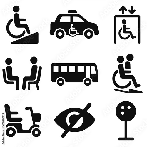Mobility Accessibility Icons. Solid style icons of mobility accessibility: wheelchair ramp symbol, accessible taxi, elevator with