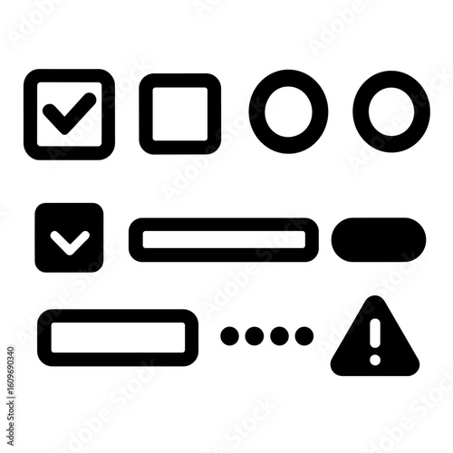 Form Icons Set. Solid style icons of form elements: checkbox checked, checkbox empty, radio button selected, radio button