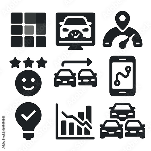 Vehicle Sharing Icons. Solid style icons of vehicle sharing analytics: usage heatmap icon, shared vehicle dashboard, vehicle