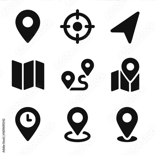 Solid Style Map Icons. Solid style icons of location and maps: location pin, GPS crosshair, navigation arrow, map folded, route