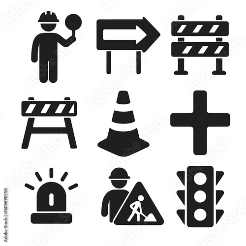 Traffic Management Icons. Solid style icons of traffic management and signals: traffic controller icon, detour sign, road closure