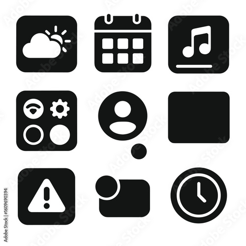 Mobile Widgets Icons. Solid style icons of mobile widgets and overlays: weather widget icon, calendar tile, music mini-player,