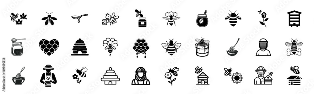 Naklejka premium Set of black and white icons depicting beekeeping elements and honey production