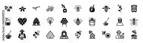 Set of black and white icons depicting beekeeping elements and honey production