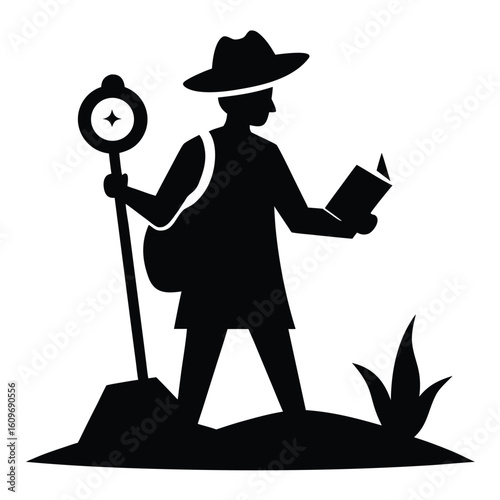 Silhouette illustration of a pilgrim with a compass stick and reading a book on a journey
