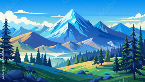 very beautiful panorama with alpine pine and mountains under blue sky