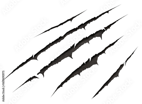 Dark jagged claw marks on a black background for dramatic abstract design with scary impression