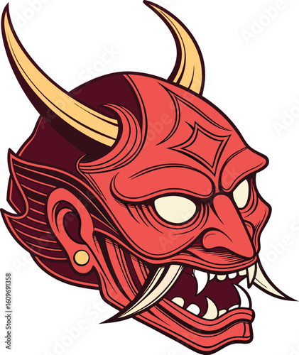 Vector art of a fearsome red oni mask with sharp teeth and glowing eyes