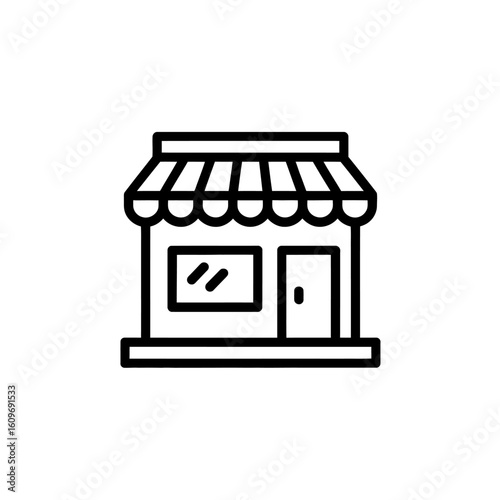 Simple outline icon of a storefront with awning and window