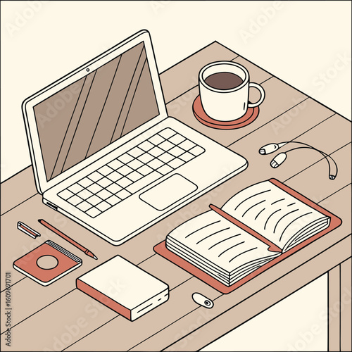 Modern workspace scene featuring a laptop coffee cup and planner on a wooden desk