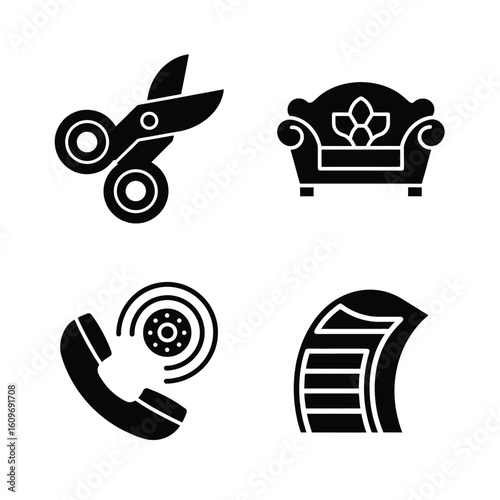 Four black icons on white background scissors armchair