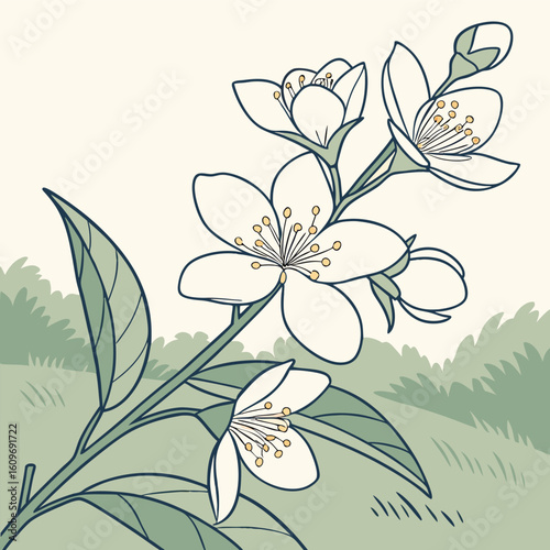 Elegant floral jasmine illustration with botanical details and artistic color palette