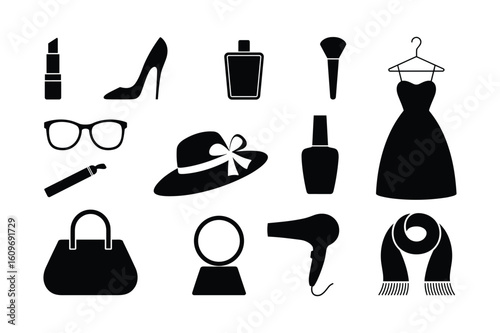 Lipstick high heel perfume makeup brush dress glasses mascara hat nail polish handbag mirror hairdryer scarf