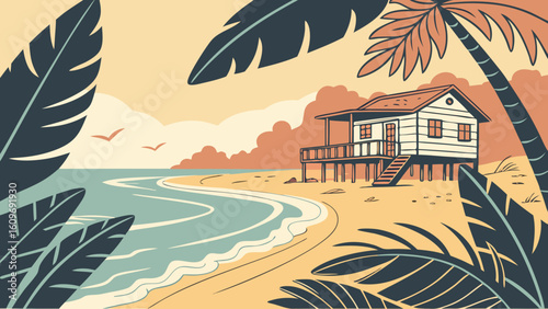 A tropical beach scene with a stilt house, palm trees, and the ocean