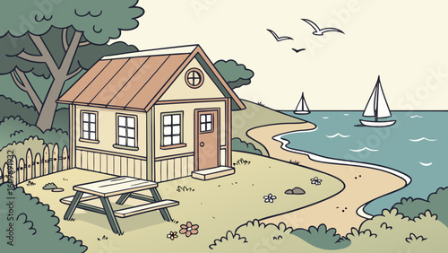 A quaint beach house with a picnic table overlooks the ocean and sailboats
