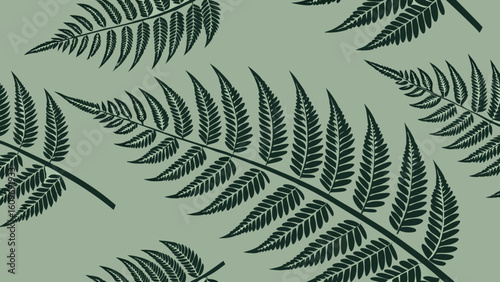 A repeating pattern of dark green fern leaves on a light green background