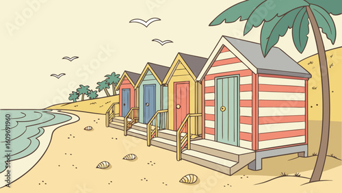 A row of colorful beach huts sits on the sand next to the ocean